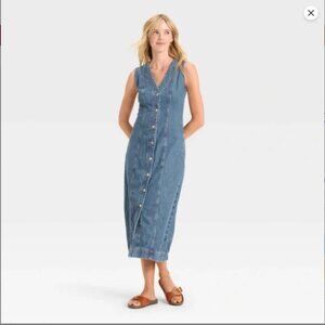 Universal Thread Women's Denim Button Front Midi Dress Medium Wash